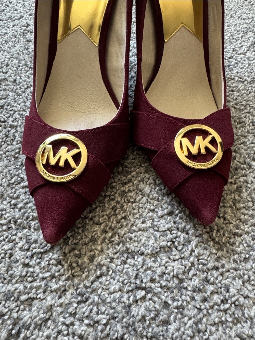 Michael Kors Wine Pointed Toe Pumps with Gold MK Medallion - Picture 4 of 7